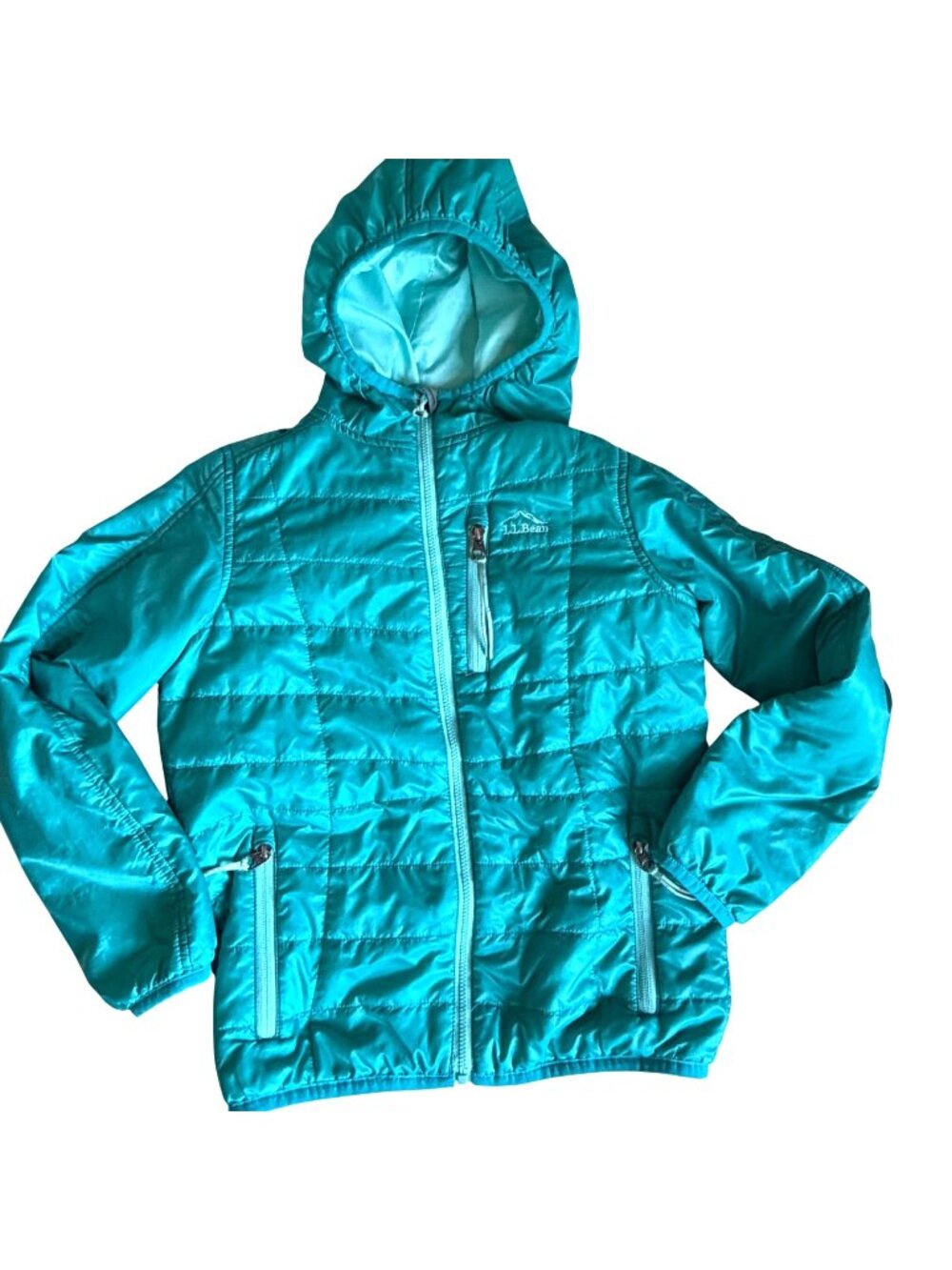LL Bean Girls Hooded Puffer Jacket Aqua Blue 6X 7 Pockets Primaloft Lightweight